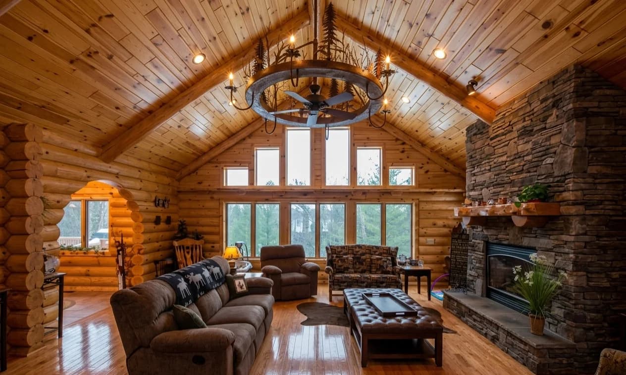 Knotty pine ceiling installed in a bright interior room