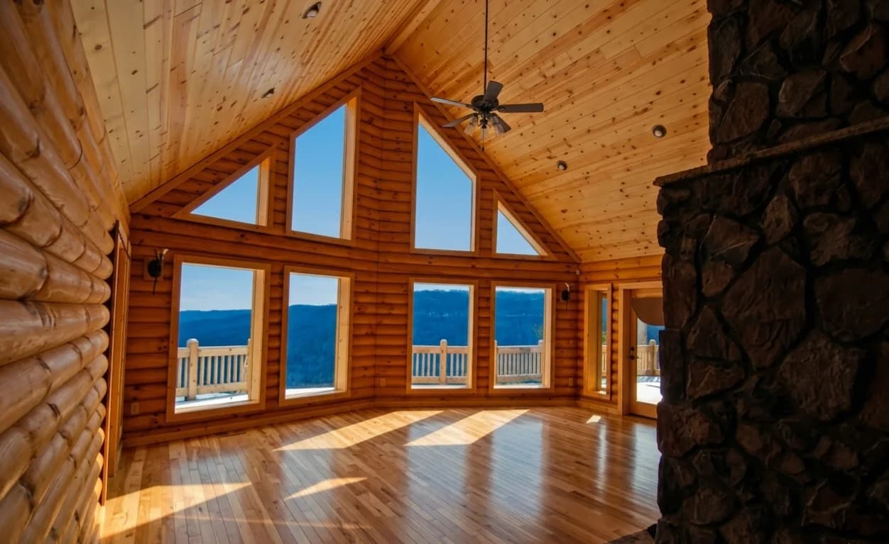 Finished knotty pine ceiling with aligned tongue-and-groove boards
